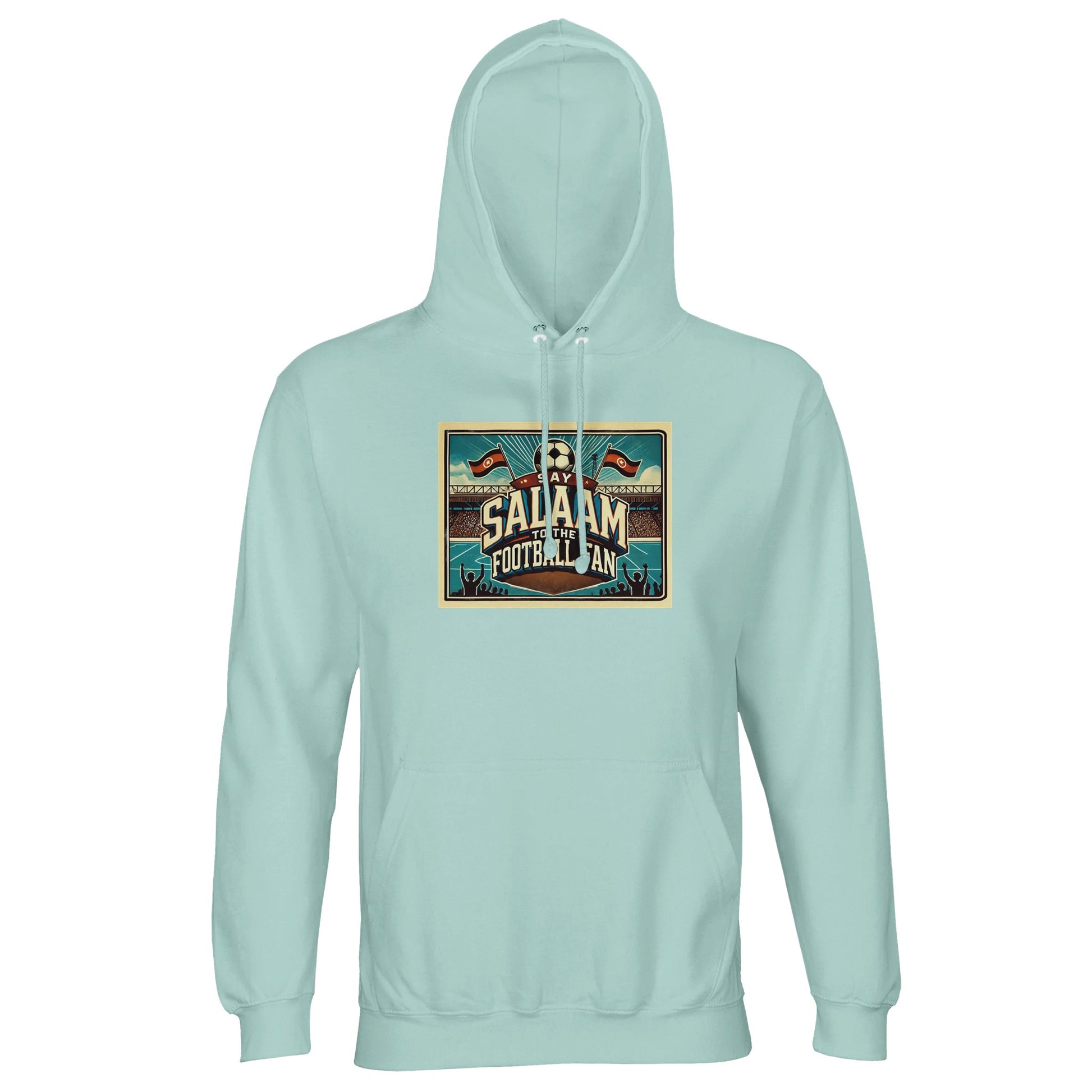 Arctic Blue / Cadet Blue Say Salaam to the Football Fan Design #7 hoodie combines cool blue tones with a heritage stadium graphic for relaxed supporter style. Designed for adults, this lightweight cotton-poly hoodie fits seamlessly into modest Muslim streetwear wardrobes. Comfortable for long days out, watching matches, or travelling, it balances visual interest with everyday wearability. A well-priced football hoodie for fans who prefer calm colours, practical comfort, and a message rooted in Salaam.