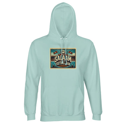 Arctic Blue / Cadet Blue Say Salaam to the Football Fan Design #7 hoodie combines cool blue tones with a heritage stadium graphic for relaxed supporter style. Designed for adults, this lightweight cotton-poly hoodie fits seamlessly into modest Muslim streetwear wardrobes. Comfortable for long days out, watching matches, or travelling, it balances visual interest with everyday wearability. A well-priced football hoodie for fans who prefer calm colours, practical comfort, and a message rooted in Salaam.