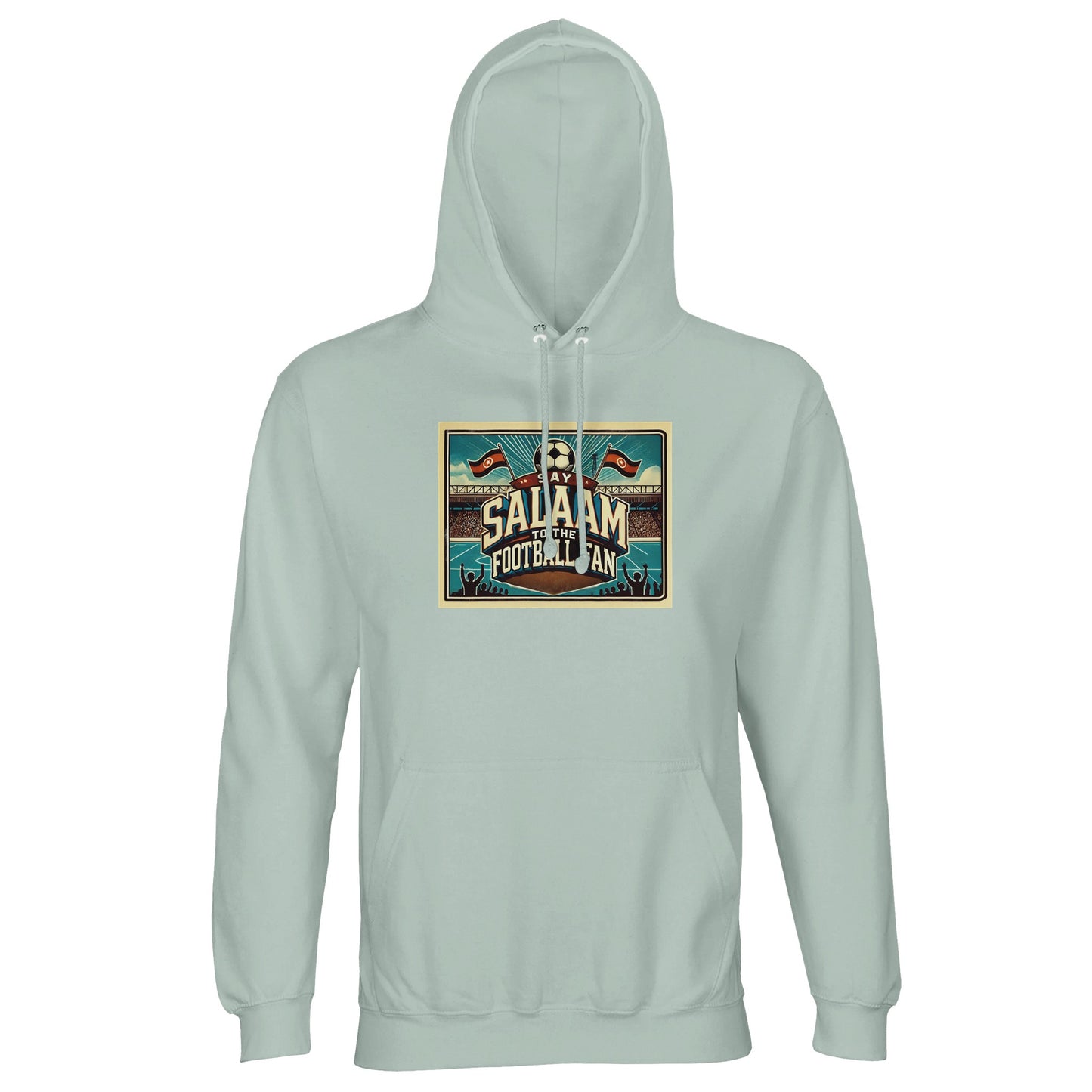 Creamy Green / Greenish Grey Say Salaam to the Football Fan Design #7 hoodie delivers a muted green tone matched with a vintage football graphic. Designed for adults, this lightweight cotton-poly hoodie works well as modest Muslim streetwear for everyday wear, match days, or relaxed weekends. Easy to layer and comfortable across seasons, it offers durability and softness at a sensible price point. A well-priced option for football fans who favour understated colour and Salaam-centred style.