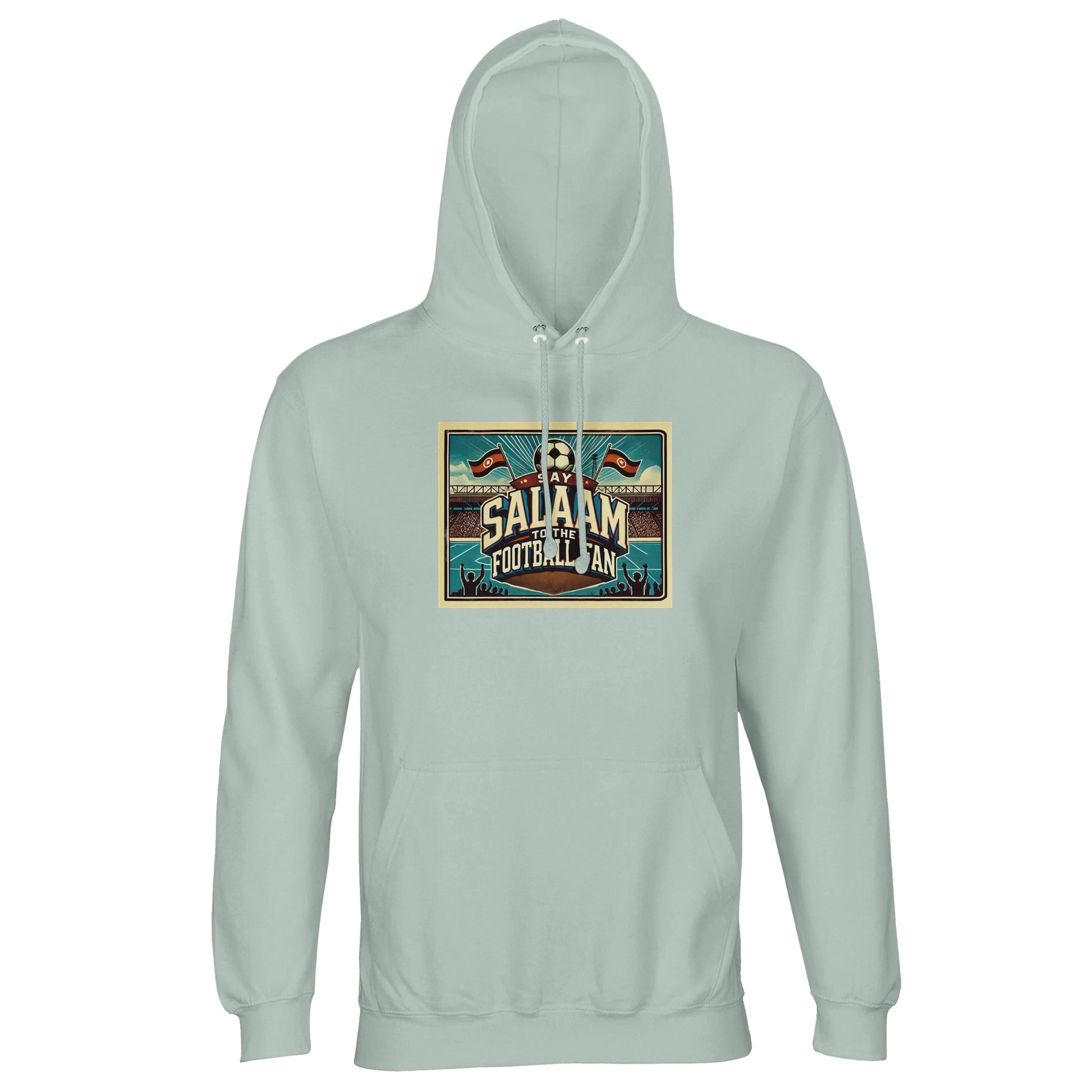 Creamy Green / Greenish Grey Say Salaam to the Football Fan Design #7 hoodie delivers a muted green tone matched with a vintage football graphic. Designed for adults, this lightweight cotton-poly hoodie works well as modest Muslim streetwear for everyday wear, match days, or relaxed weekends. Easy to layer and comfortable across seasons, it offers durability and softness at a sensible price point. A well-priced option for football fans who favour understated colour and Salaam-centred style.