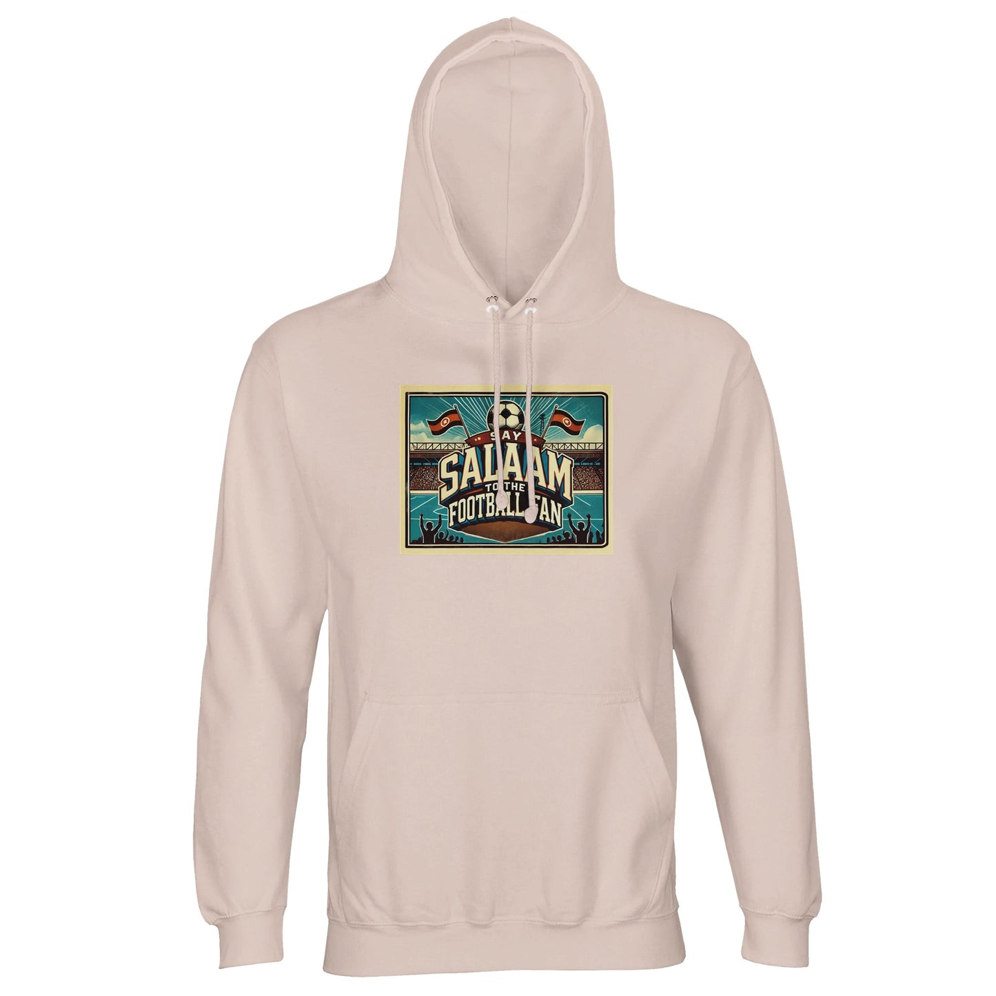 Creamy Pink / Oyster Pink Say Salaam to the Football Fan Design #7 hoodie pairs a soft blush tone with bold football artwork for balanced, modern supporter wear. Made from a cotton and recycled polyester blend, this unisex hoodie suits adults who enjoy modest Muslim clothing with a lighter colour palette. Comfortable for casual outings, match days, or travel, it offers a fresh alternative to darker fanwear. An affordable hoodie that keeps Salaam visible without compromising comfort or style.