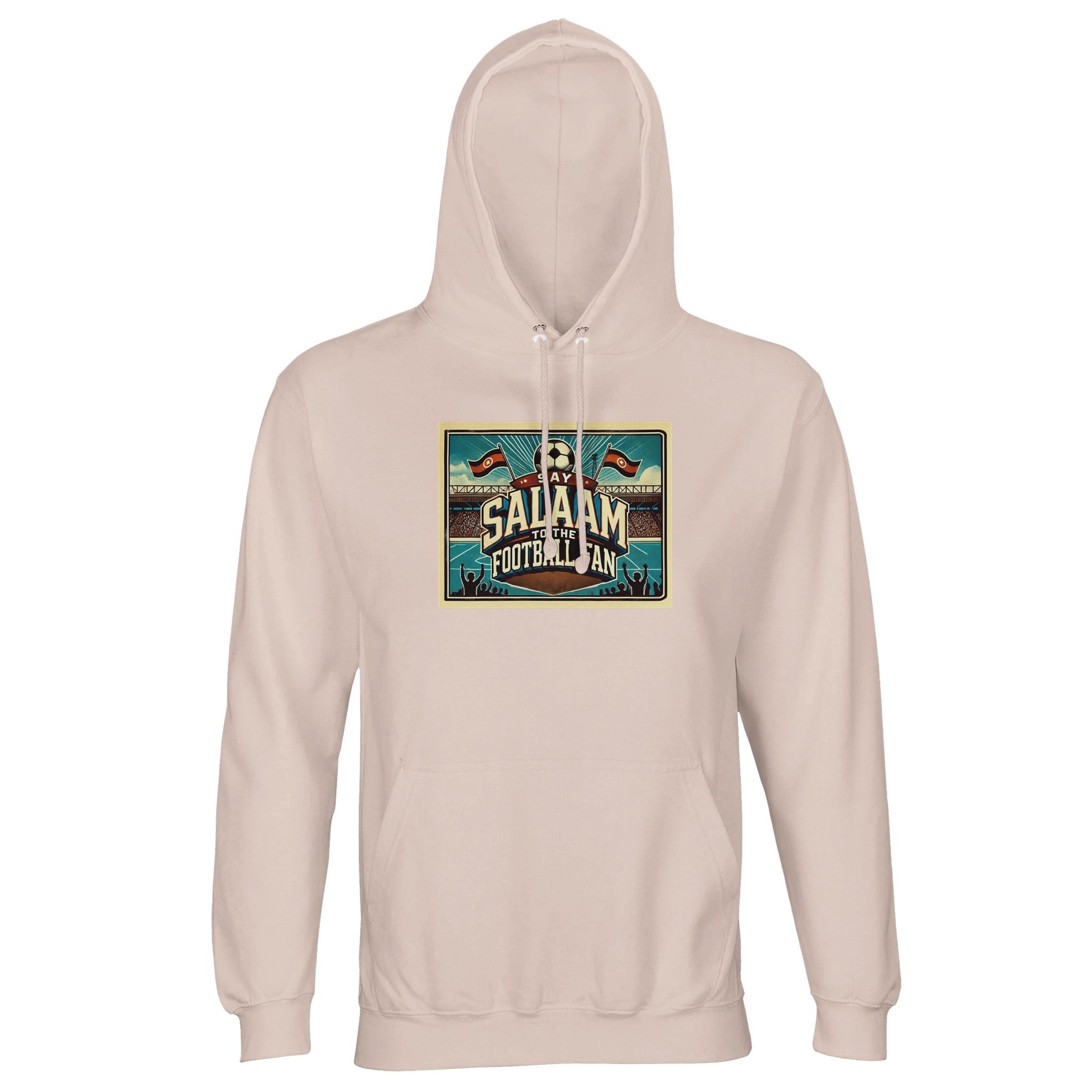 Creamy Pink / Oyster Pink Say Salaam to the Football Fan Design #7 hoodie pairs a soft blush tone with bold football artwork for balanced, modern supporter wear. Made from a cotton and recycled polyester blend, this unisex hoodie suits adults who enjoy modest Muslim clothing with a lighter colour palette. Comfortable for casual outings, match days, or travel, it offers a fresh alternative to darker fanwear. An affordable hoodie that keeps Salaam visible without compromising comfort or style.