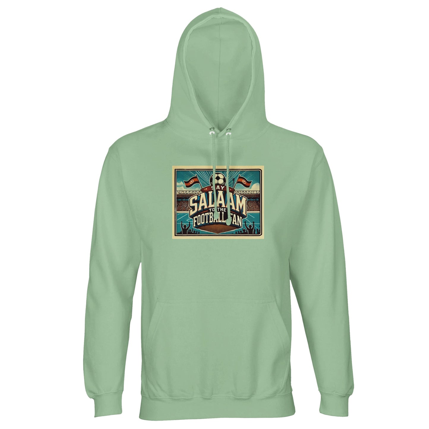 Frozen Green / Opal Say Salaam to the Football Fan Design #7 hoodie features a cool, pastel green shade paired with a heritage stadium illustration. Designed for adults, this lightweight cotton-poly hooded pullover fits neatly into modest Muslim wardrobes while offering everyday comfort. Suitable for spring layering, match viewing, or casual wear, it balances softness with durability. A well-priced football hoodie for supporters who want subtle colour, breathable fabric, and a Salaam-first message.