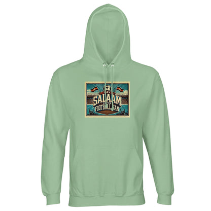 Frozen Green / Opal Say Salaam to the Football Fan Design #7 hoodie features a cool, pastel green shade paired with a heritage stadium illustration. Designed for adults, this lightweight cotton-poly hooded pullover fits neatly into modest Muslim wardrobes while offering everyday comfort. Suitable for spring layering, match viewing, or casual wear, it balances softness with durability. A well-priced football hoodie for supporters who want subtle colour, breathable fabric, and a Salaam-first message.