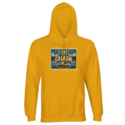 Gold / Gamboge Say Salaam to the Football Fan Design #7 hoodie brings warmth and energy to classic football supporter wear. Featuring a retro stadium graphic, this lightweight cotton-poly hoodie is designed for adults who enjoy bold colour without sacrificing modesty or comfort. Suitable for match days, social wear, or relaxed weekends, it stands out while remaining wearable. A well-priced option to express Muslim streetwear that celebrates football culture with character and Salaam-led identity.