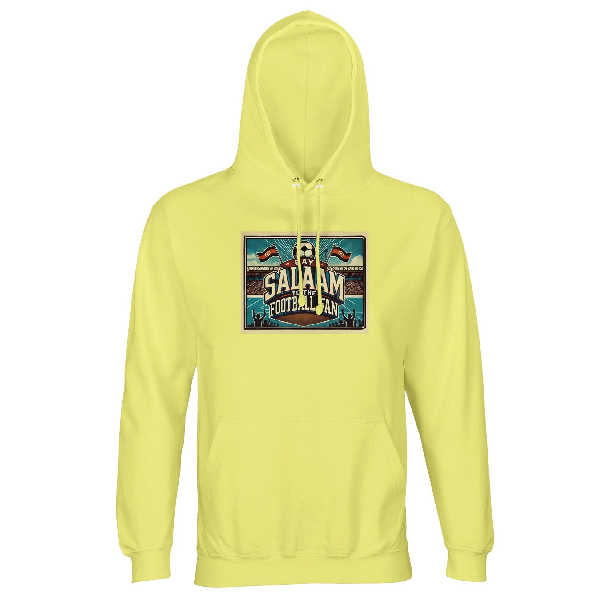 Light Yellow / Lemon Chiffon Say Salaam to the Football Fan Design #7 hoodie offers a soft, uplifting tone paired with classic football artwork. Made from a cotton and recycled polyester blend, this unisex hoodie suits adults looking for modest Muslim wear that feels light, breathable, and easy to style. Ideal for spring match days, travel, or casual layering, it delivers comfort without heaviness. An affordable football hoodie that adds brightness while keeping Islamic supporter culture.