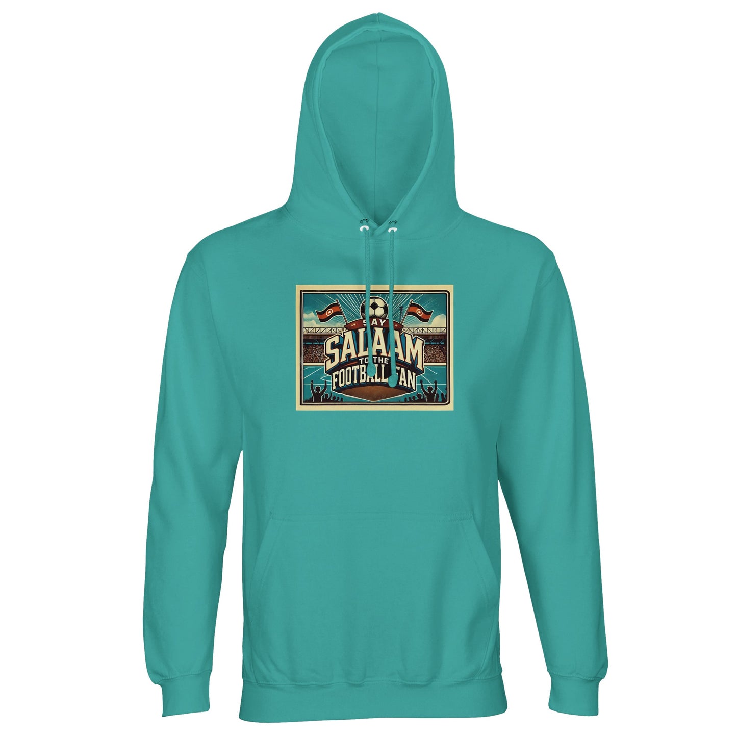 Pool Blue / Light Sea Green Say Salaam to the Football Fan Design #7 hoodie combines aquatic tones with a vintage football graphic for laid-back supporter style. Designed for adults, this lightweight hoodie works well as modest Muslim wear for daily use, match viewing, or casual layering. Soft, breathable, and easy to pair with neutrals, it offers reliable comfort at a sensible price. A well-priced football hoodie for fans who favour calm colours and clear Salaam messaging.