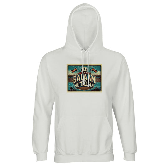 White / Platinum Say Salaam to the Football Fan Design #7 unisex hoodie featuring a vintage stadium-inspired graphic with bold lettering and football iconography. Made from a soft cotton and recycled polyester blend, this lightweight hoodie suits adults seeking modest Muslim wear with everyday comfort. Ideal for match days, travel to stadiums, casual streetwear, or watching football at home. A clean, versatile layer that pairs easily with jeans or joggers, offering an affordable way to say Salaam in style.