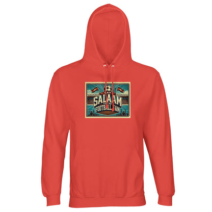 Say Salaam to the Football Fan Design #7 unisex hoodie in pop orange, showcasing bold block typography, illustrated stadium scenes, football graphics, waving flags and animated supporter silhouettes. A cosy cotton-poly fabric with brushed fleece lining, this well-priced hoodie stands out on match day while staying comfortable for everyday wear, travel and weekend kickabouts. An affordable football hoodie for bold colours, crowd atmosphere, terrace culture, modern modest streetwear and saying Salaam.