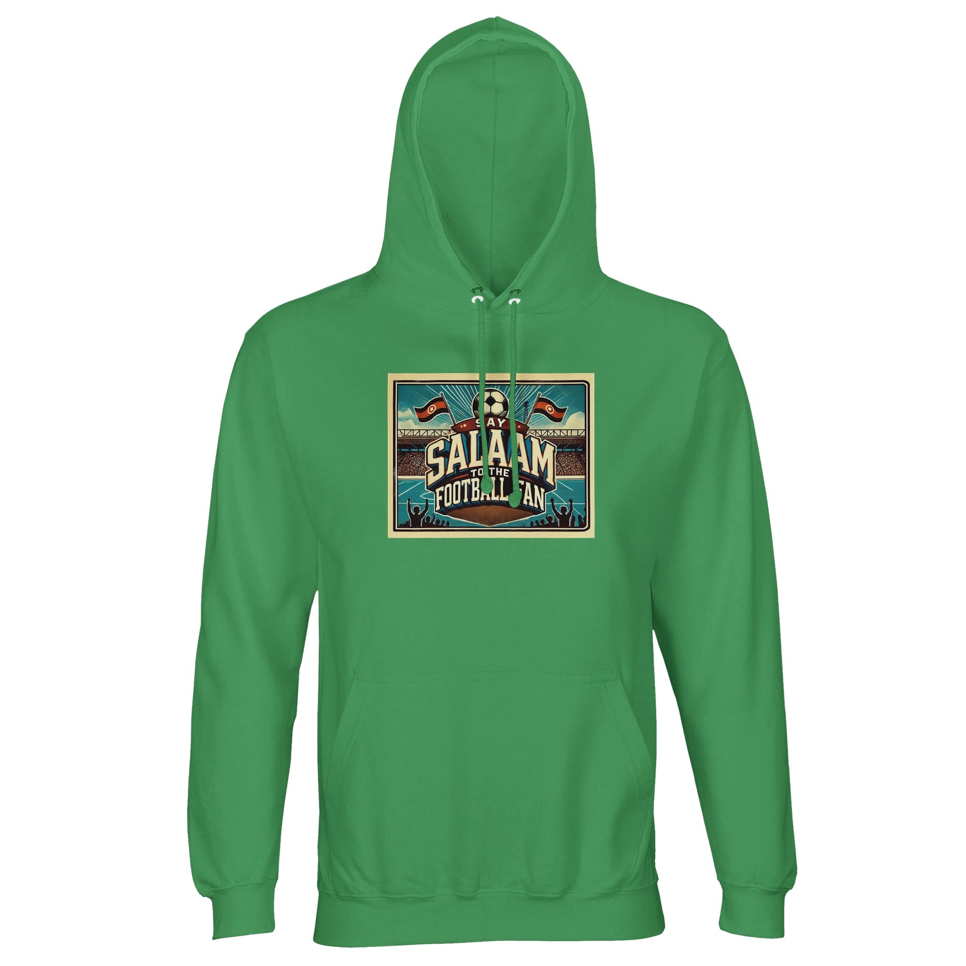 Say Salaam to the Football Fan Design #7 unisex hoodie in spring green / sea green / eucalyptus, featuring bold retro block lettering, illustrated stadium artwork, waving flags, inspired by classic football culture. Made from a soft cotton-poly blend with brushed fleece lining, this affordable hoodie is ideal for match days, stadium trips, casual streetwear, travel and cooler evenings. A football hoodie for fans who enjoy fresh green tones, terrace energy, modest everyday wear and saying Salaam with pride.
