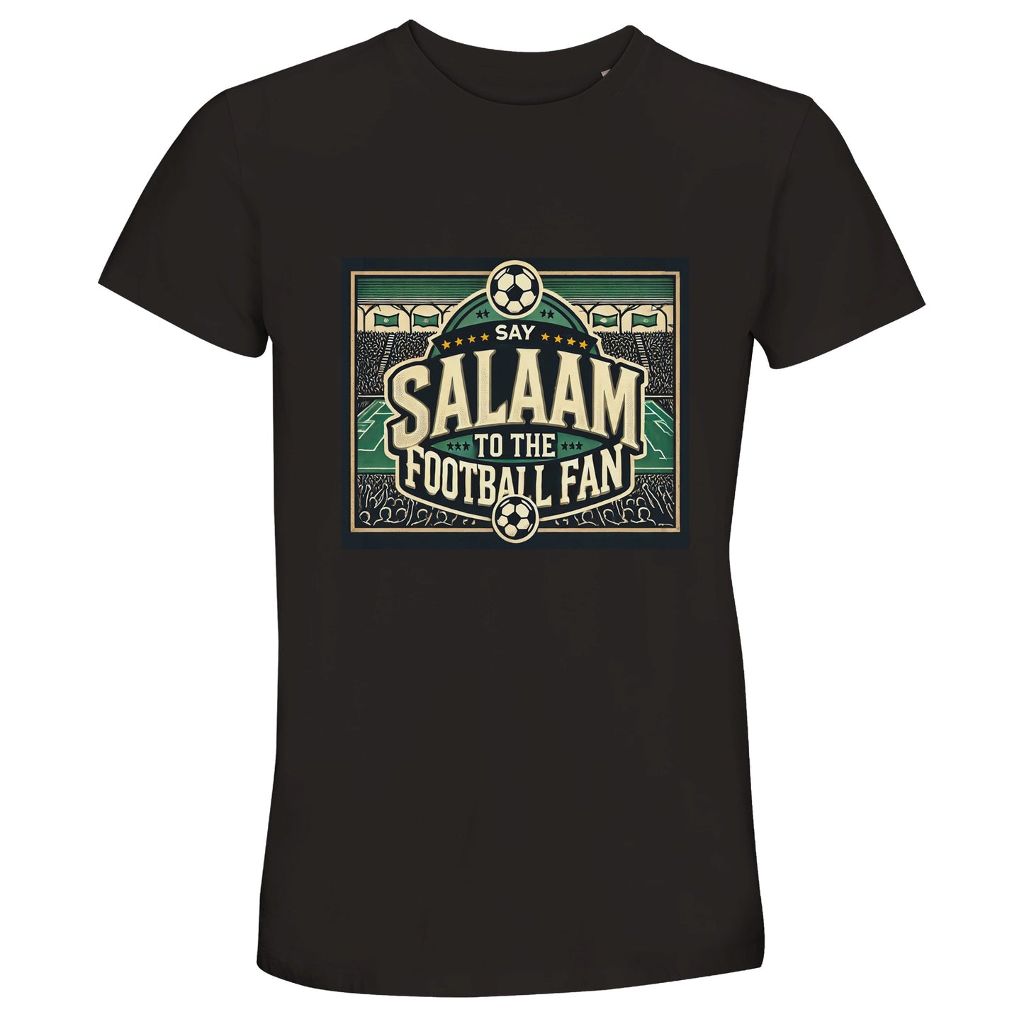 Say Salaam to the Football Fan Design #8 unisex T-shirt in Deep Black / Zeus, featuring striking cream and green illustrated football artwork with bold lettering, classic stadiums, packed crowds and icons arranged like a vintage poster. The dark green base enhances contrast and gives the design a timeless, night-game atmosphere. Made for Muslim wear and modest street fashion, this is ideal for adult fans supporting a team, attending matches, watching footie worldwide, building a wardrobe at the right price.