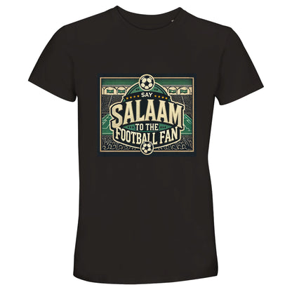 Say Salaam to the Football Fan Design #8 unisex T-shirt in Deep Black / Zeus, featuring striking cream and green illustrated football artwork with bold lettering, classic stadiums, packed crowds and icons arranged like a vintage poster. The dark green base enhances contrast and gives the design a timeless, night-game atmosphere. Made for Muslim wear and modest street fashion, this is ideal for adult fans supporting a team, attending matches, watching footie worldwide, building a wardrobe at the right price.