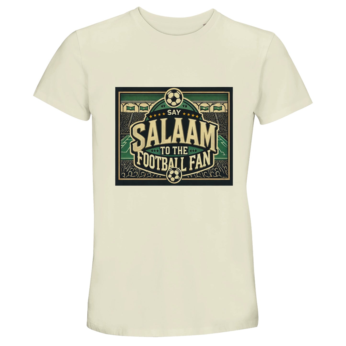 Say Salaam to the Football Fan Design #8 unisex T-shirt in Natural / Moon Mist / Beige, showcasing heritage-inspired green football illustration with bold serif lettering, illustrated match balls, crowded stands and a full stadium scene drawn in a classic poster style. The natural cotton tone gives the artwork a warm, retro feel rooted in traditional football culture. Created for Muslim wear and everyday modest styling, this is for football supporters who carry Salaam on and off the pitch.