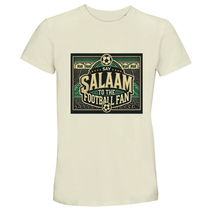 Say Salaam to the Football Fan Design #8 unisex T-shirt in Natural / Moon Mist / Beige, showcasing heritage-inspired green football illustration with bold serif lettering, illustrated match balls, crowded stands and a full stadium scene drawn in a classic poster style. The natural cotton tone gives the artwork a warm, retro feel rooted in traditional football culture. Created for Muslim wear and everyday modest styling, this is for football supporters who carry Salaam on and off the pitch.