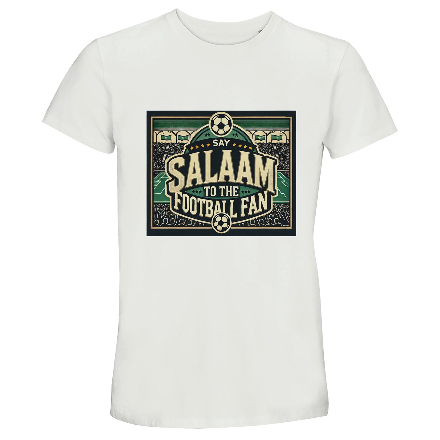 Say Salaam to the Football Fan Design #8 unisex T-shirt in White / Platinum, featuring bold vintage block lettering framed by illustrated footballs, packed stadium terraces, waving crowd silhouettes and a classic match-day arena backdrop. Designed for Muslim wear and modest street style, ideal for adult fans wearing club colours, watching matches at home or in the stands, travelling to stadiums, buying new fair price fan shirts, or gifting supporters who show respect and say Salaam through football culture.