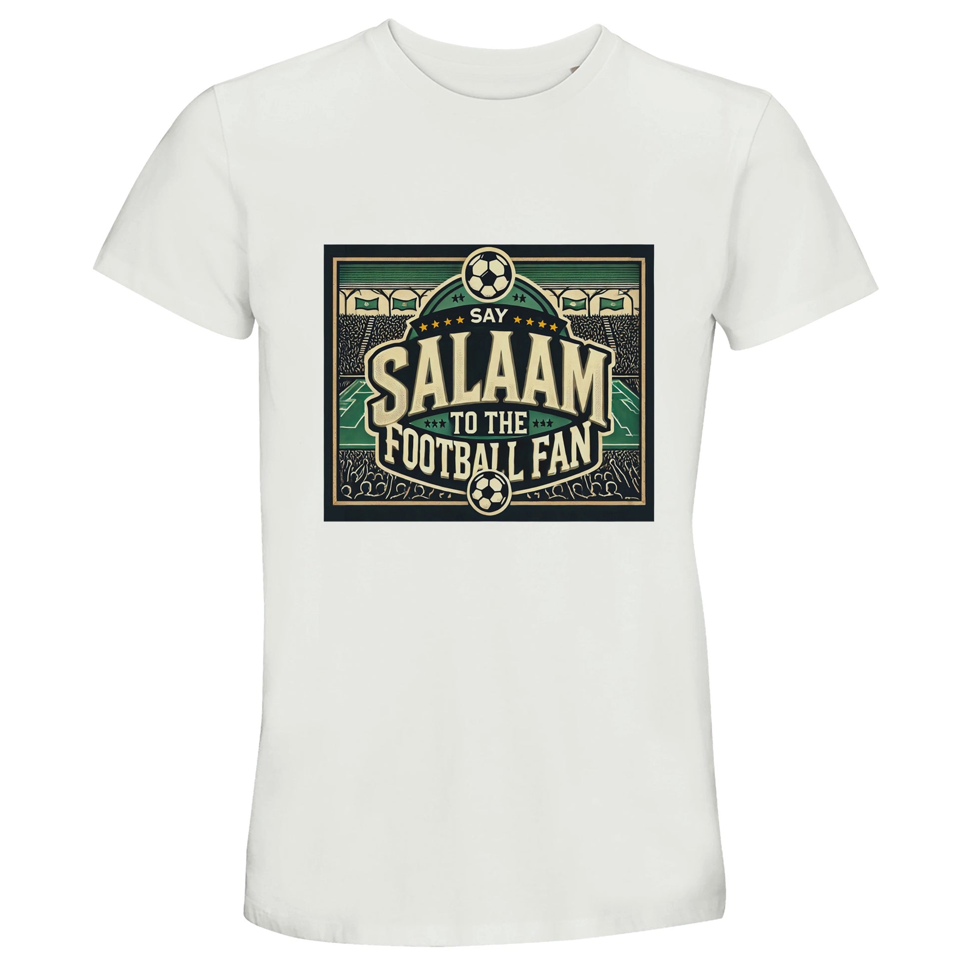 Say Salaam to the Football Fan Design #8 unisex T-shirt in White / Platinum, featuring bold vintage block lettering framed by illustrated footballs, packed stadium terraces, waving crowd silhouettes and a classic match-day arena backdrop. Designed for Muslim wear and modest street style, ideal for adult fans wearing club colours, watching matches at home or in the stands, travelling to stadiums, buying new fair price fan shirts, or gifting supporters who show respect and say Salaam through football culture.