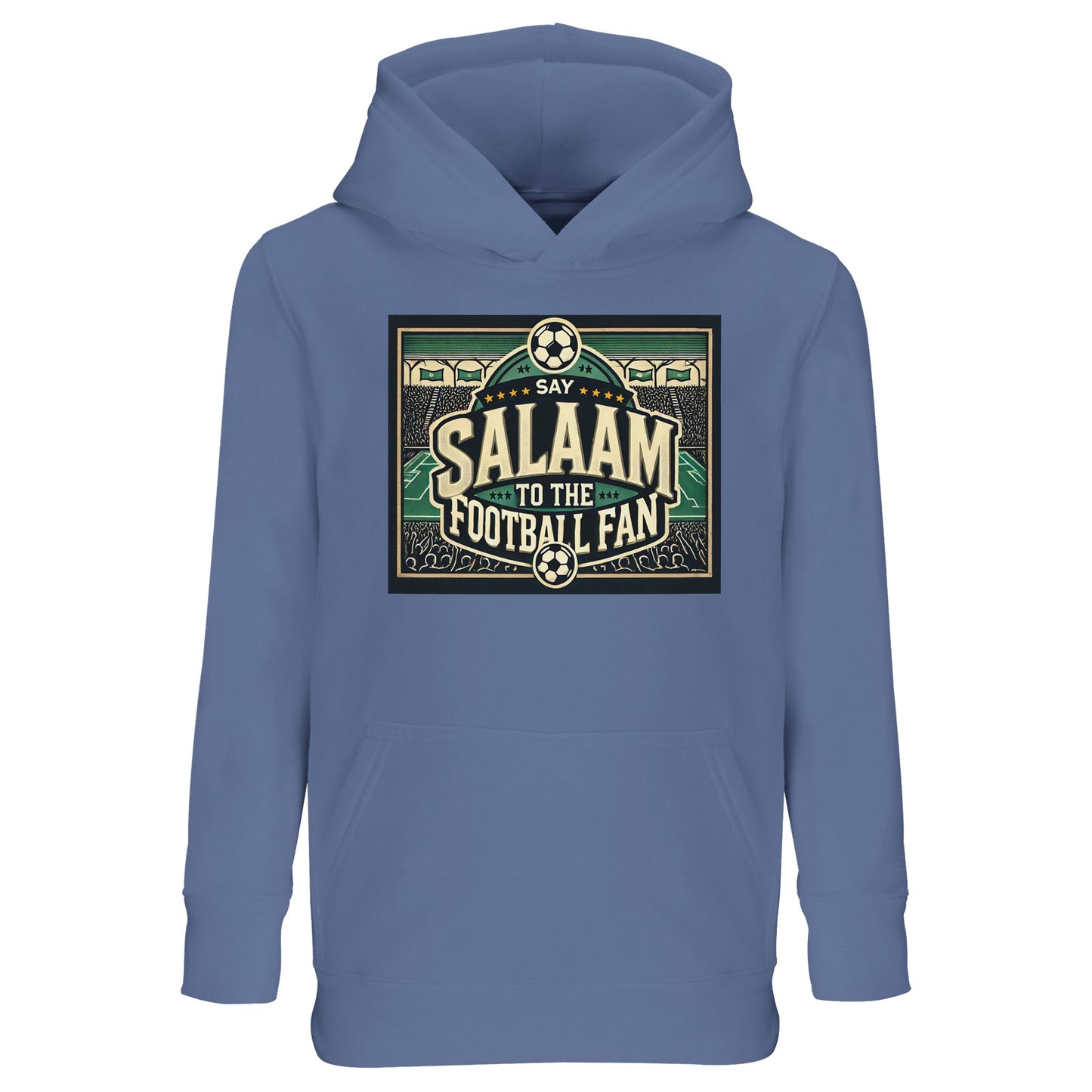Say Salaam to the Football Fan Design #8 kids hoodie in Blue / Marble Blue / Blue-Grey / Waikawa Grey, featuring a heritage-inspired football graphic with stadium lines, bold lettering, and supporter crowd silhouettes. Made for comfort and movement, this cotton-poly hoodie works for school, playground football, and weekend matches. A modest, well-priced hoodie for boys and girls aged four to fourteen who live football culture.