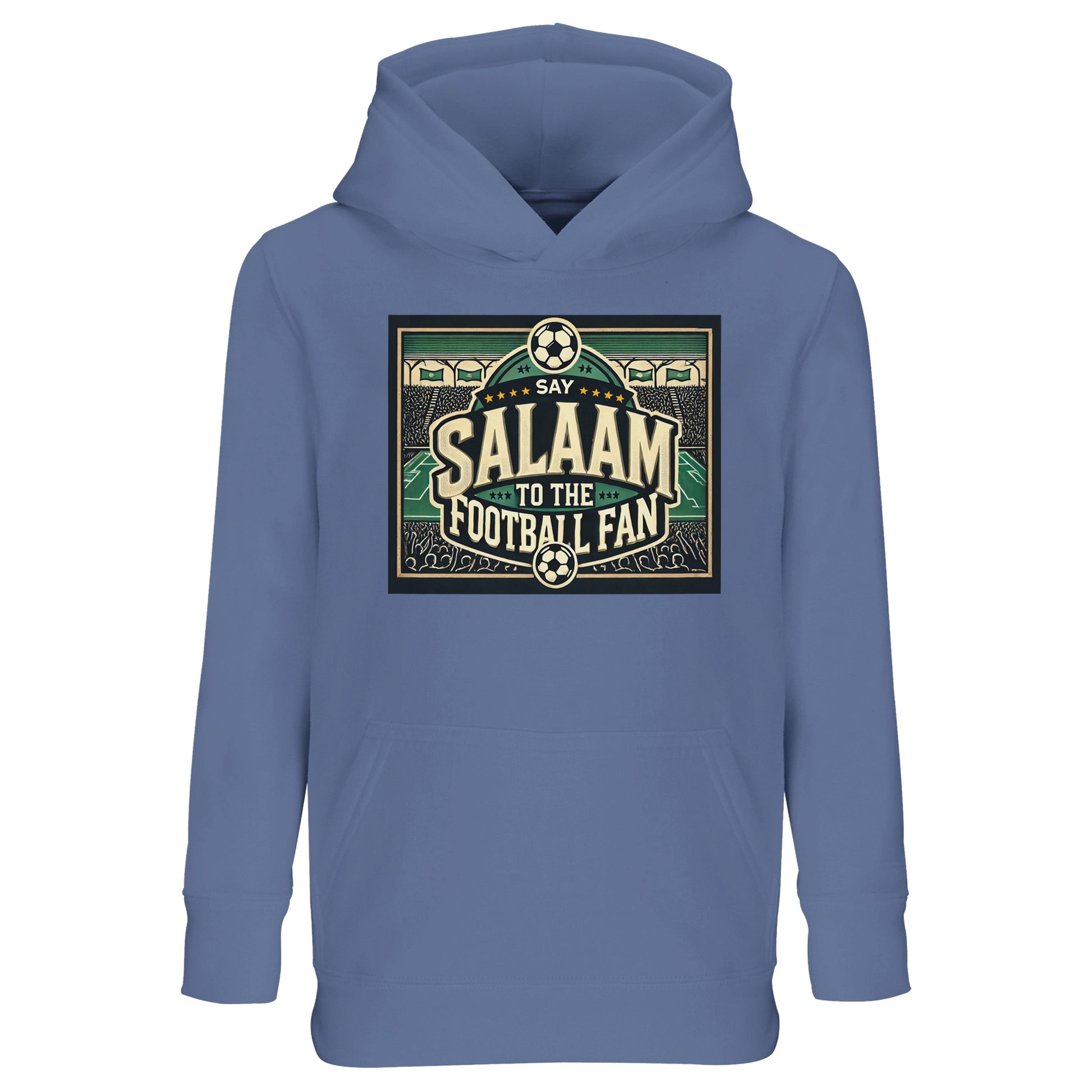 Say Salaam to the Football Fan Design #8 kids hoodie in Blue / Marble Blue / Blue-Grey / Waikawa Grey, featuring a heritage-inspired football graphic with stadium lines, bold lettering, and supporter crowd silhouettes. Made for comfort and movement, this cotton-poly hoodie works for school, playground football, and weekend matches. A modest, well-priced hoodie for boys and girls aged four to fourteen who live football culture.