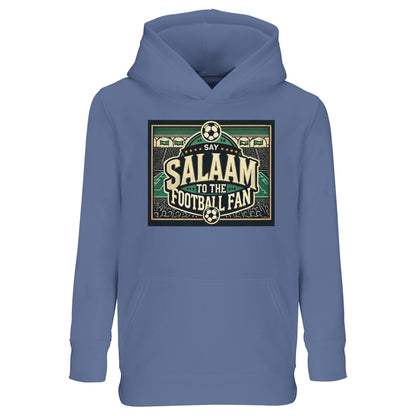 Say Salaam to the Football Fan Design #8 kids hoodie in Blue / Marble Blue / Blue-Grey / Waikawa Grey, featuring a heritage-inspired football graphic with stadium lines, bold lettering, and supporter crowd silhouettes. Made for comfort and movement, this cotton-poly hoodie works for school, playground football, and weekend matches. A modest, well-priced hoodie for boys and girls aged four to fourteen who live football culture.