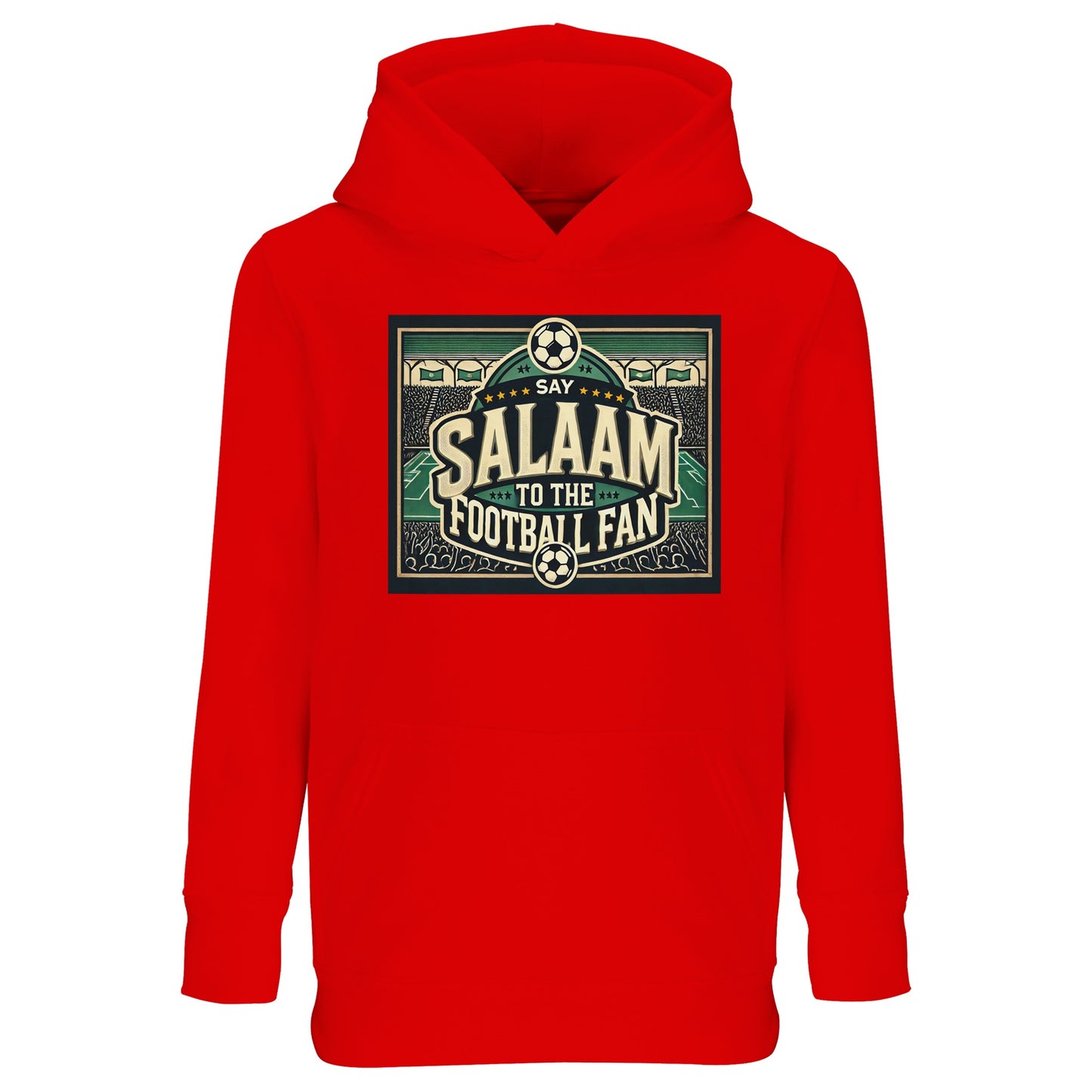 Say Salaam to the Football Fan Design #8 kids hoodie in Bright Red / Rosso Corsa, bringing high-energy colour to a classic football stadium graphic with bold lettering and fan-crowd illustration details. This soft recycled cotton-poly hoodie is ideal for match days, outdoor play, and cosy viewing at home. A comfortable, modest, well-priced hoodie for young football supporters aged four to fourteen.