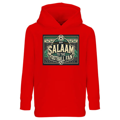Say Salaam to the Football Fan Design #8 kids hoodie in Bright Red / Rosso Corsa, bringing high-energy colour to a classic football stadium graphic with bold lettering and fan-crowd illustration details. This soft recycled cotton-poly hoodie is ideal for match days, outdoor play, and cosy viewing at home. A comfortable, modest, well-priced hoodie for young football supporters aged four to fourteen.