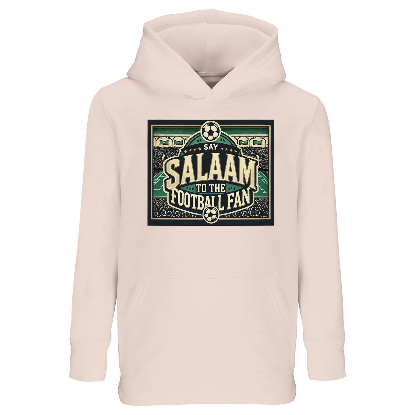 Say Salaam to the Football Fan Design #8 kids hoodie in Creamy Pink / Oyster Pink, blending soft colour with a vintage football stadium-style graphic, bold lettering, and cheering crowd illustration detail. Comfortable and easy to style, this recycled cotton-poly hoodie works for school, weekends, and cosy match-day viewing. A modest, well-priced hoodie for young football fans aged four to fourteen.