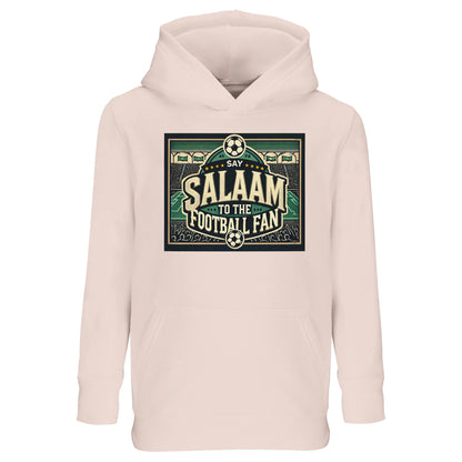 Say Salaam to the Football Fan Design #8 kids hoodie in Creamy Pink / Oyster Pink, blending soft colour with a vintage football stadium-style graphic, bold lettering, and cheering crowd illustration detail. Comfortable and easy to style, this recycled cotton-poly hoodie works for school, weekends, and cosy match-day viewing. A modest, well-priced hoodie for young football fans aged four to fourteen.