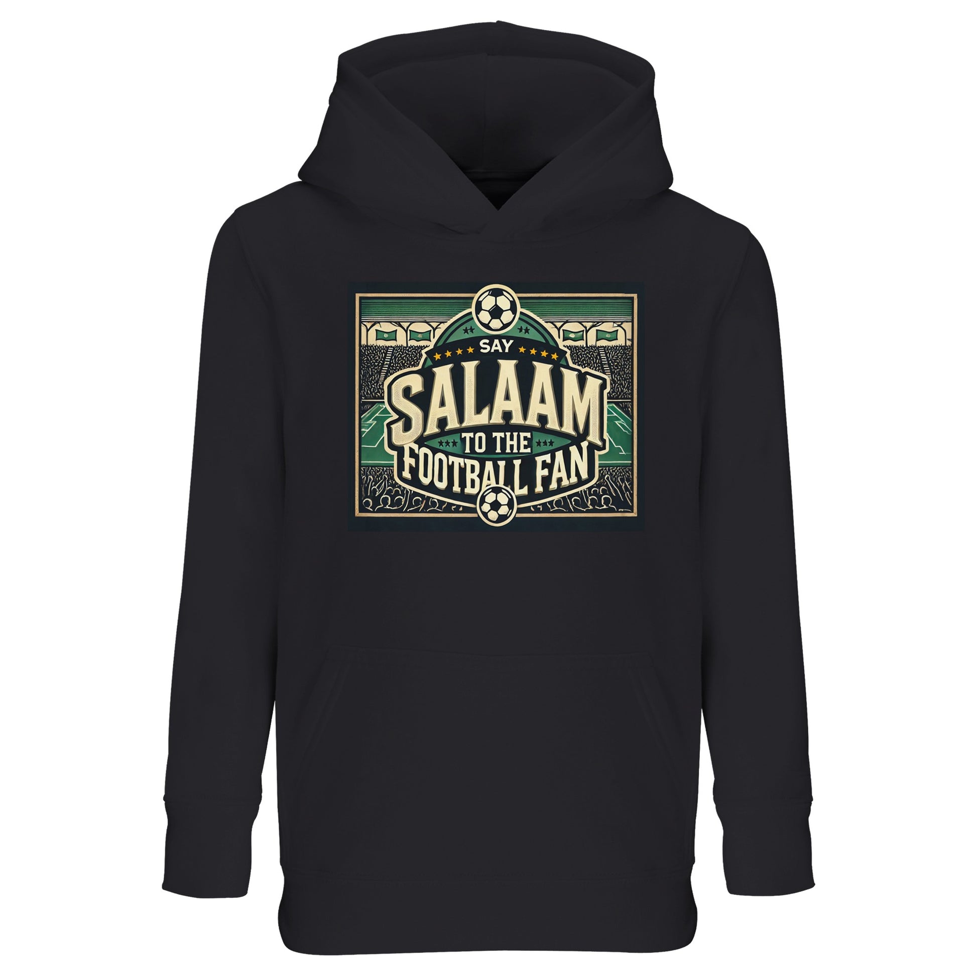 Say Salaam to the Football Fan Design #8 kids hoodie in Deep Black / Zeus, designed with a retro football stadium illustration, bold typographic badge styling, and crowd detailing that pops against a dark base. This soft recycled cotton-poly hoodie suits match days, training days, and casual streetwear. A durable, modest, well-priced hoodie for young football fans aged four to fourteen.