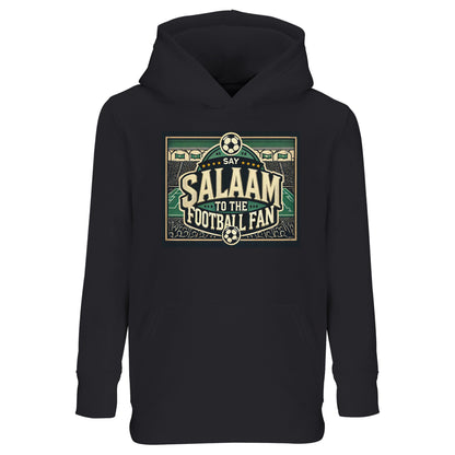 Say Salaam to the Football Fan Design #8 kids hoodie in Deep Black / Zeus, designed with a retro football stadium illustration, bold typographic badge styling, and crowd detailing that pops against a dark base. This soft recycled cotton-poly hoodie suits match days, training days, and casual streetwear. A durable, modest, well-priced hoodie for young football fans aged four to fourteen.