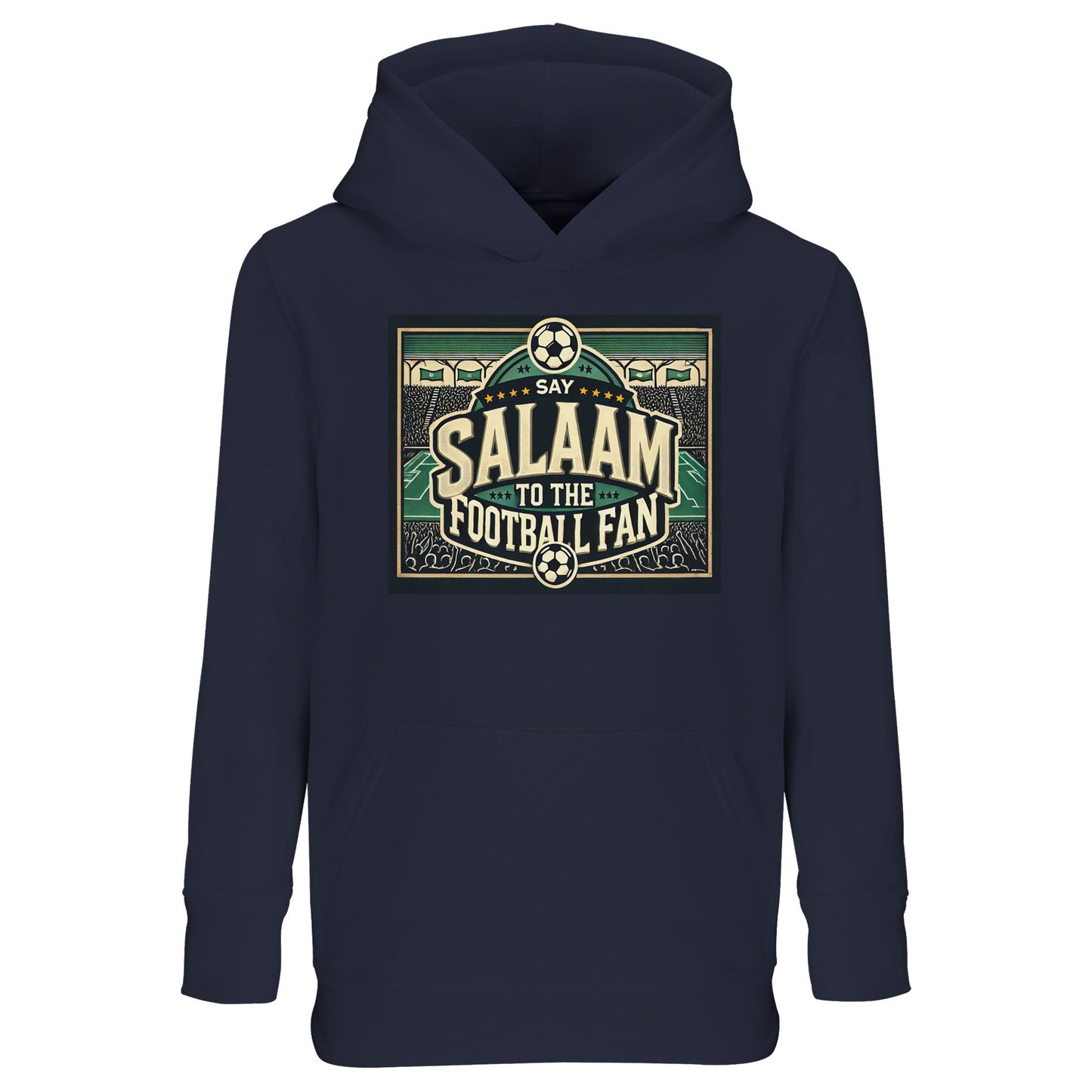 Say Salaam to the Football Fan Design #8 kids hoodie in French Navy / Ebony Clay, featuring a vintage football badge-style design with stadium illustration elements, bold typography, and crowd silhouettes. Soft and warm for everyday wear, this cotton-poly hoodie suits school runs, weekend football, and match-day routines. A modest, well-priced hoodie for boys and girls aged four to fourteen.