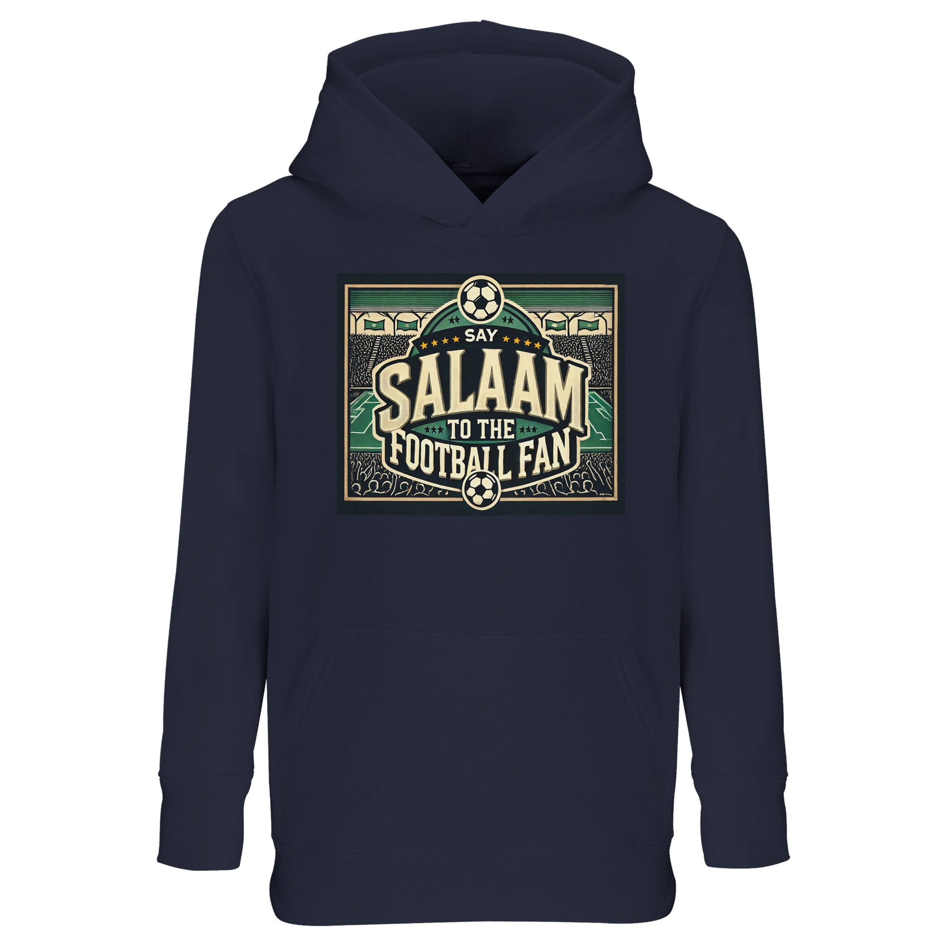 Say Salaam to the Football Fan Design #8 kids hoodie in French Navy / Ebony Clay, featuring a vintage football badge-style design with stadium illustration elements, bold typography, and crowd silhouettes. Soft and warm for everyday wear, this cotton-poly hoodie suits school runs, weekend football, and match-day routines. A modest, well-priced hoodie for boys and girls aged four to fourteen.