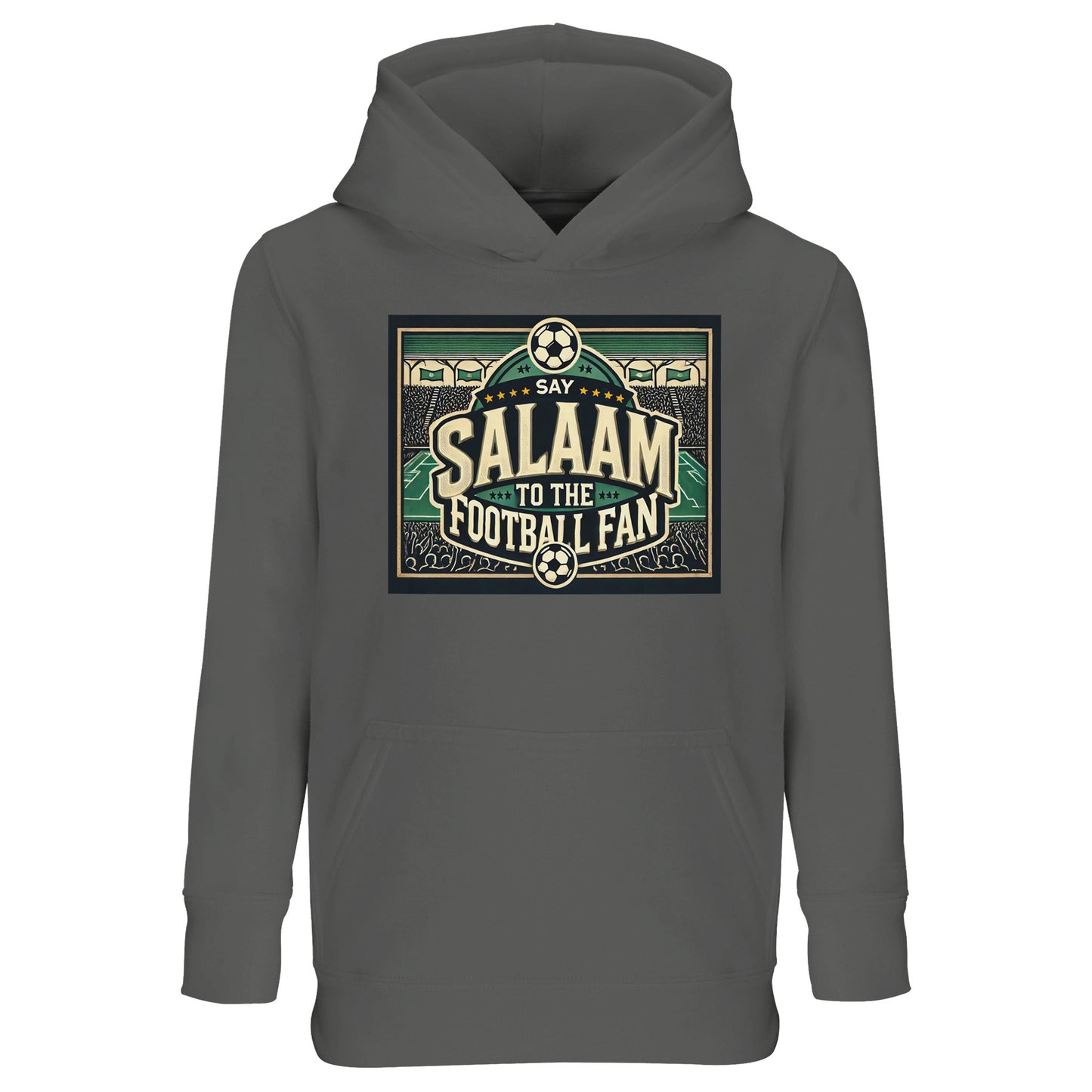 Say Salaam to the Football Fan Design #8 kids hoodie in Grey Melange / Heather Grey / Marl Grey / Classic Athletic Grey Blend, combining neutral streetwear style with a retro stadium football graphic, bold lettering, and crowd illustration details. Comfortable for daily wear and easy layering, this recycled cotton-poly hoodie is ideal for school, training, and match days. A modest, well-priced hoodie for young football fans aged four to fourteen.