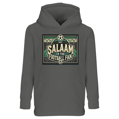 Say Salaam to the Football Fan Design #8 kids hoodie in Grey Melange / Heather Grey / Marl Grey / Classic Athletic Grey Blend, combining neutral streetwear style with a retro stadium football graphic, bold lettering, and crowd illustration details. Comfortable for daily wear and easy layering, this recycled cotton-poly hoodie is ideal for school, training, and match days. A modest, well-priced hoodie for young football fans aged four to fourteen.