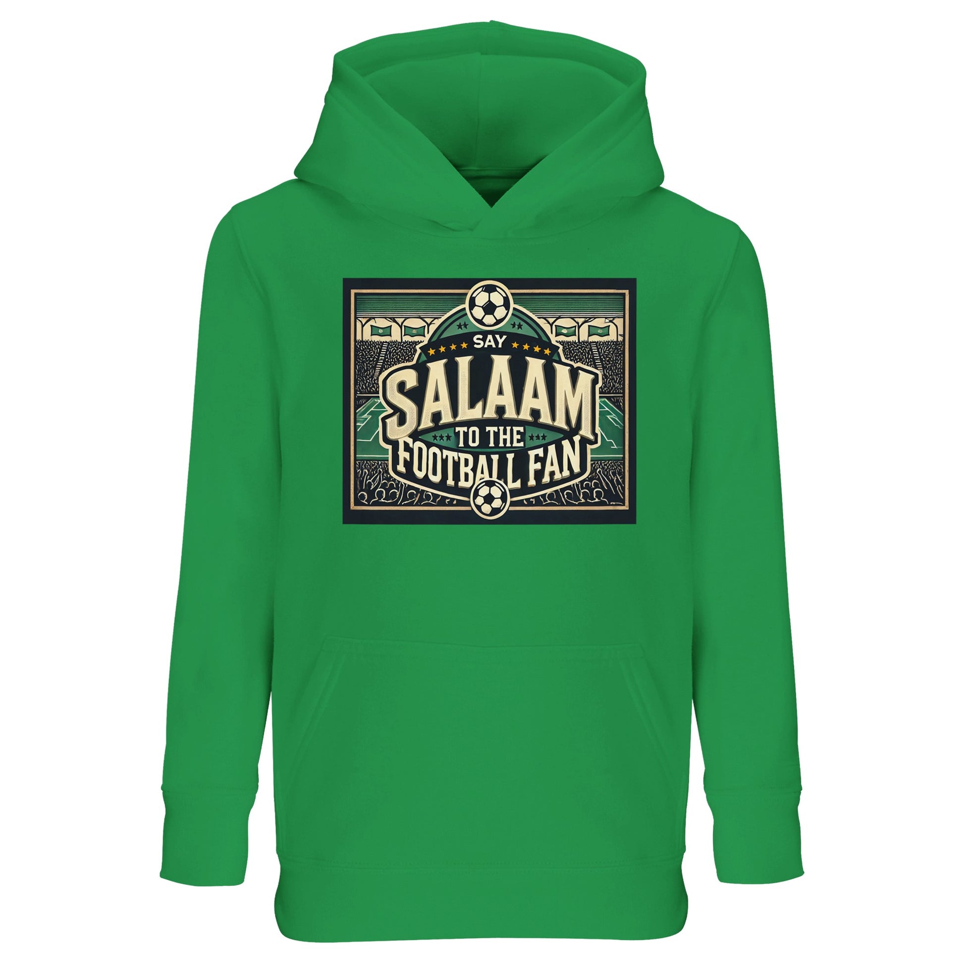 Say Salaam to the Football Fan Design #8 kids hoodie in Spring Green / Sea Green / Eucalyptus, inspired by pitch-side football culture with a vintage stadium illustration, bold lettering, and cheering crowd silhouettes. Soft and practical for active kids, this recycled cotton-poly pullover with a hood suits football practice, school days, and weekend matches. A modest, well-priced hooded top for boys and girls aged four to 14 – Sunni, Sufi, Shia, Salafi, practicing, non-practicing, cultural Muslim, etc.