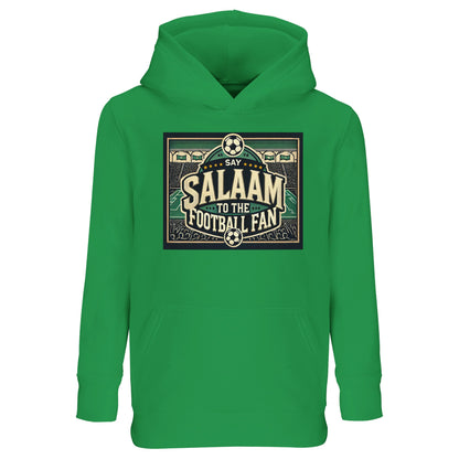 Say Salaam to the Football Fan Design #8 kids hoodie in Spring Green / Sea Green / Eucalyptus, inspired by pitch-side football culture with a vintage stadium illustration, bold lettering, and cheering crowd silhouettes. Soft and practical for active kids, this recycled cotton-poly pullover with a hood suits football practice, school days, and weekend matches. A modest, well-priced hooded top for boys and girls aged four to 14 – Sunni, Sufi, Shia, Salafi, practicing, non-practicing, cultural Muslim, etc.