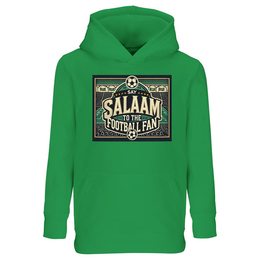 Say Salaam to the Football Fan Design #8 kids hoodie in Spring Green / Sea Green / Eucalyptus, inspired by pitch-side football culture with a vintage stadium illustration, bold lettering, and cheering crowd silhouettes. Soft and practical for active kids, this recycled cotton-poly pullover with a hood suits football practice, school days, and weekend matches. A modest, well-priced hooded top for boys and girls aged four to 14 – Sunni, Sufi, Shia, Salafi, practicing, non-practicing, cultural Muslim, etc.