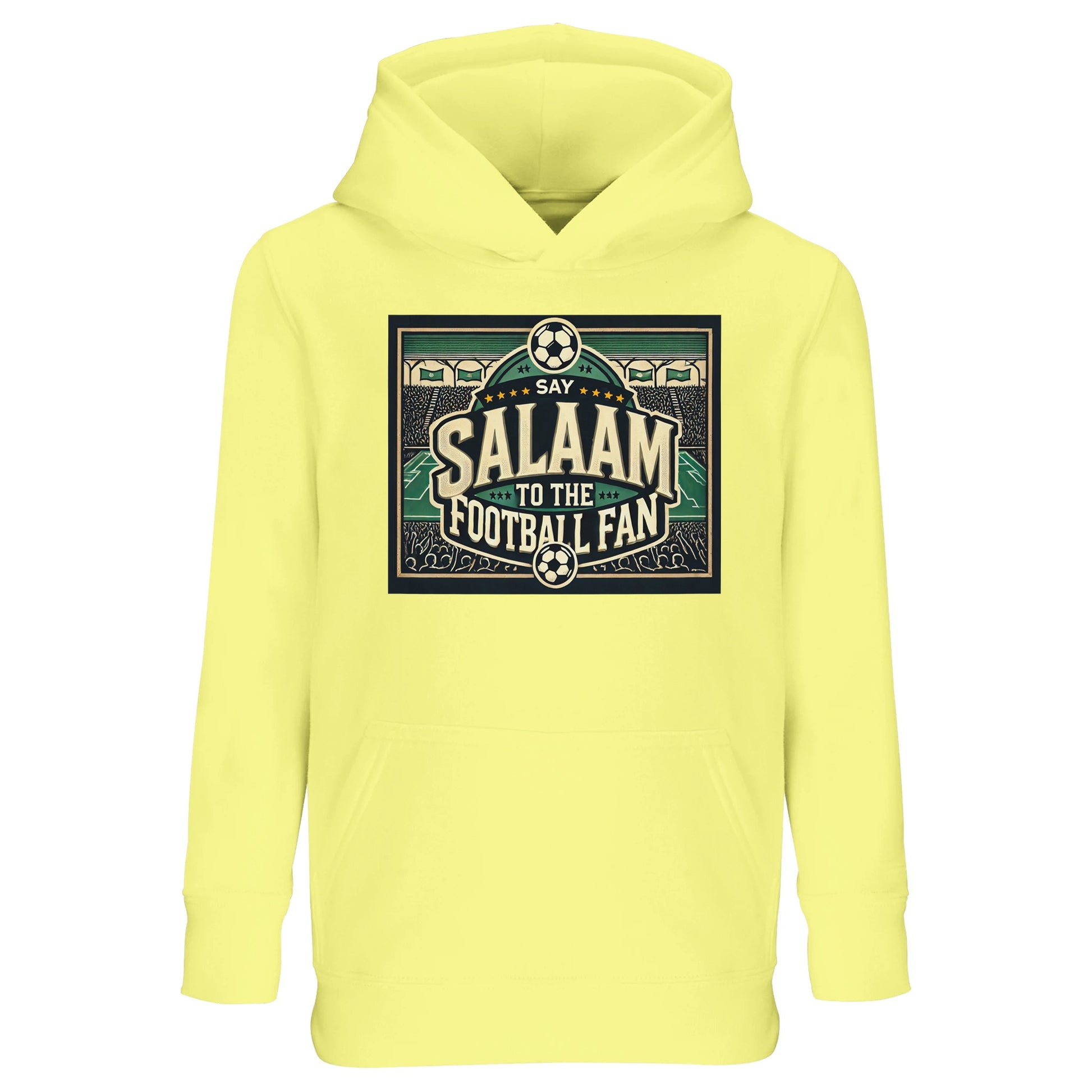 Say Salaam to the Football Fan Design #8 kids hoodie in Light Yellow / Lemon Chiffon, pairing a bright, cheerful tone with a retro football stadium graphic, bold typographic badge styling, and crowd illustration detail. Warm yet easy to wear, this cotton-poly hoodie suits school, casual streetwear, and match-day viewing. A modest, well-priced hoodie for young football supporters aged four to fourteen.