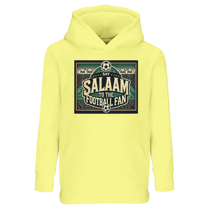 Say Salaam to the Football Fan Design #8 kids hoodie in Light Yellow / Lemon Chiffon, pairing a bright, cheerful tone with a retro football stadium graphic, bold typographic badge styling, and crowd illustration detail. Warm yet easy to wear, this cotton-poly hoodie suits school, casual streetwear, and match-day viewing. A modest, well-priced hoodie for young football supporters aged four to fourteen.