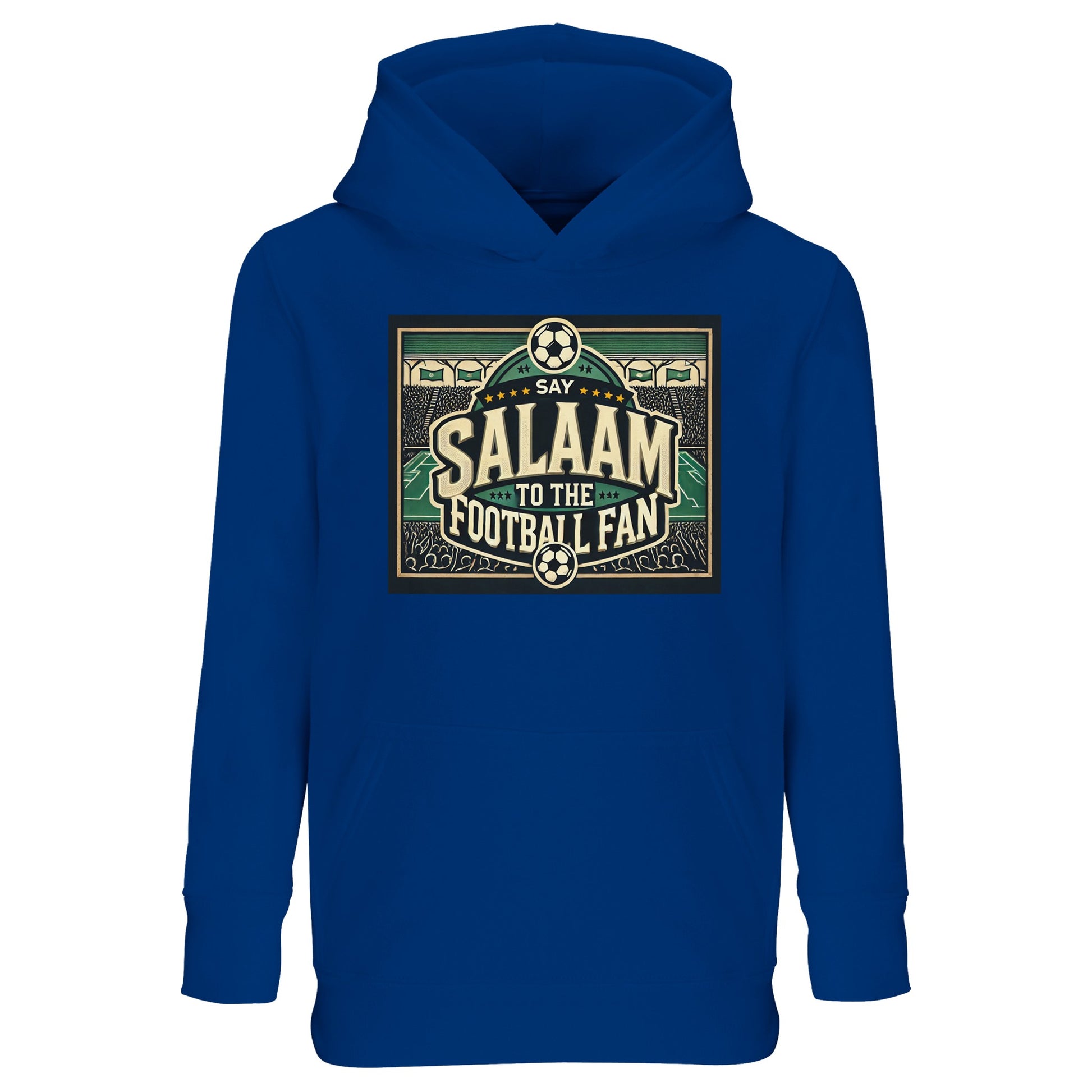 Say Salaam to the Football Fan Design #8 kids hoodie in Royal Blue / Dark Midnight Blue, featuring a classic stadium football illustration with bold lettering, crowd silhouettes, and match-day spirit. Made from a soft recycled cotton-poly blend, this hoodie suits school wear, weekend kickabouts, and watching football at home. A comfortable, modest, well-priced hoodie for boys and girls aged four to fourteen.