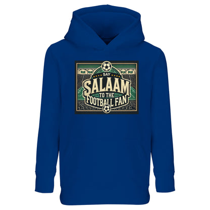 Say Salaam to the Football Fan Design #8 kids hoodie in Royal Blue / Dark Midnight Blue, featuring a classic stadium football illustration with bold lettering, crowd silhouettes, and match-day spirit. Made from a soft recycled cotton-poly blend, this hoodie suits school wear, weekend kickabouts, and watching football at home. A comfortable, modest, well-priced hoodie for boys and girls aged four to fourteen.