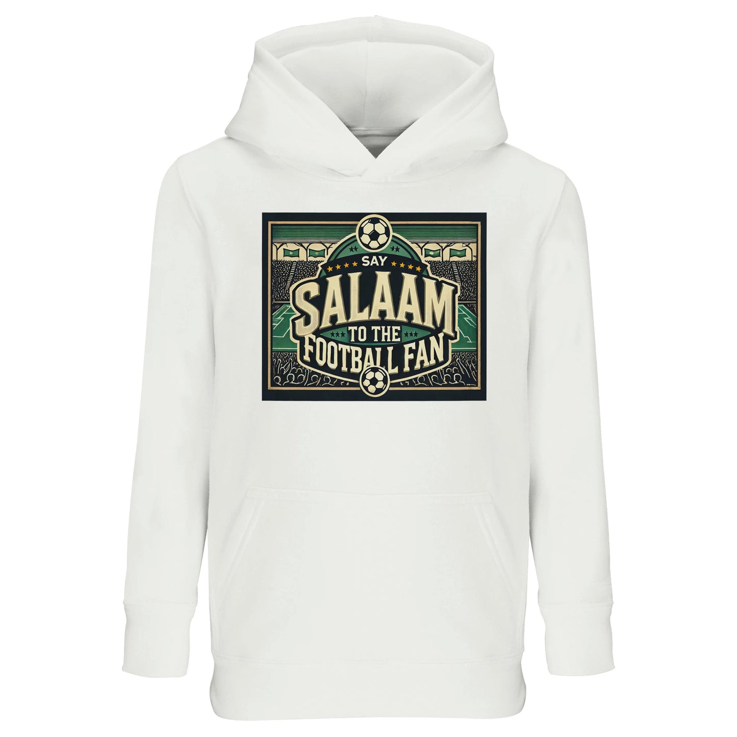 Say Salaam to the Football Fan Design #8 kids hoodie in White / Platinum, featuring a vintage stadium-style football graphic with bold lettering, crowd illustrations, and match-day energy. This soft cotton-poly hooded pullover is made for young football supporters who love school days, weekend kickabouts, and watching games at home. A comfortable, modest, well-priced hoodie for boys and girls aged four to fourteen, blending football culture and everyday warmth that’s Muslim, Islamic, Salafi, Sufi, etc.