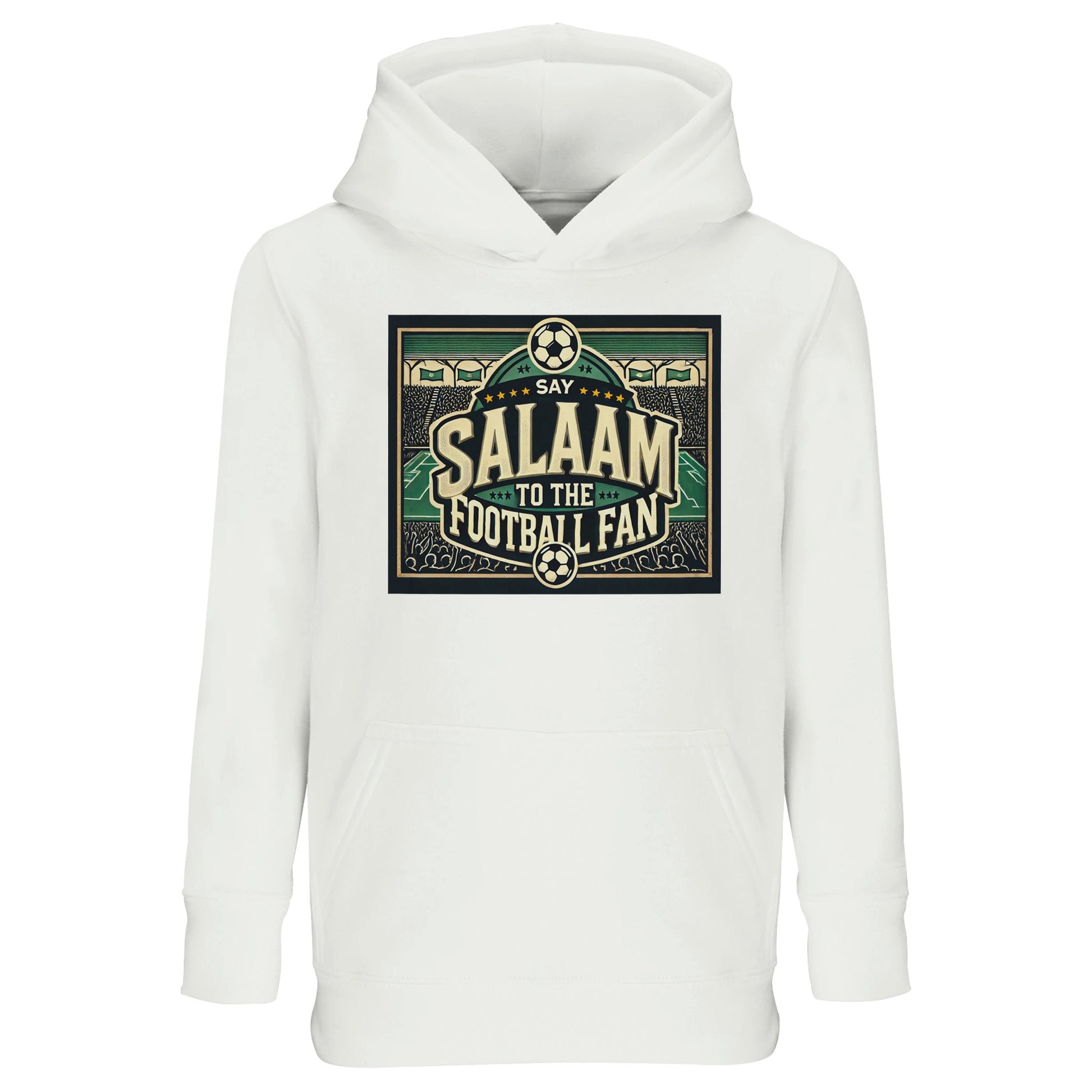 Say Salaam to the Football Fan Design #8 kids hoodie in White / Platinum, featuring a vintage stadium-style football graphic with bold lettering, crowd illustrations, and match-day energy. This soft cotton-poly hooded pullover is made for young football supporters who love school days, weekend kickabouts, and watching games at home. A comfortable, modest, well-priced hoodie for boys and girls aged four to fourteen, blending football culture and everyday warmth that’s Muslim, Islamic, Salafi, Sufi, etc.