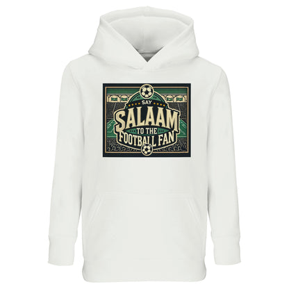 Say Salaam to the Football Fan Design #8 kids hoodie in White / Platinum, featuring a vintage stadium-style football graphic with bold lettering, crowd illustrations, and match-day energy. This soft cotton-poly hooded pullover is made for young football supporters who love school days, weekend kickabouts, and watching games at home. A comfortable, modest, well-priced hoodie for boys and girls aged four to fourteen, blending football culture and everyday warmth that’s Muslim, Islamic, Salafi, Sufi, etc.