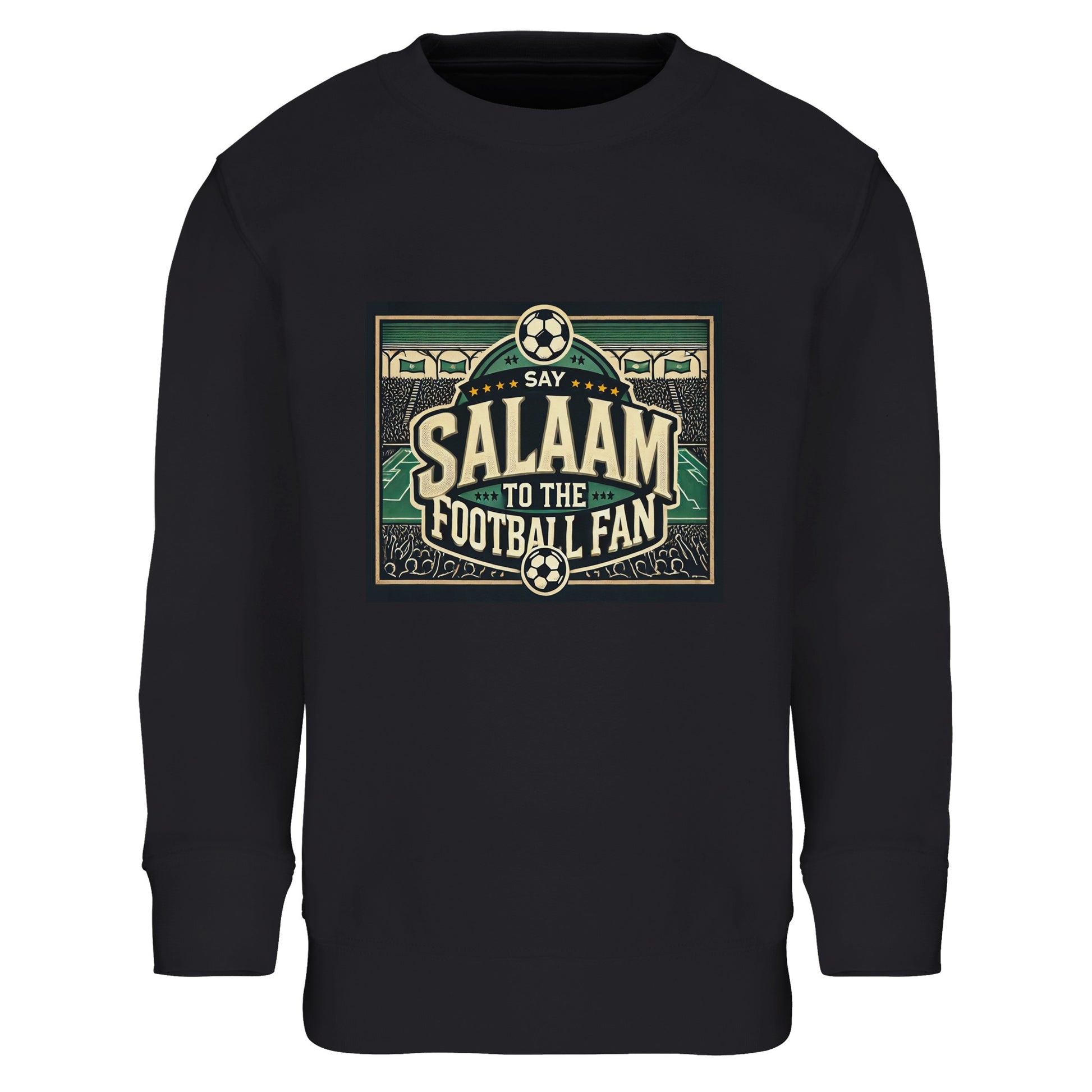 Say Salaam to the Football Fan Design #8 kids sweatshirt – Black / Deep Black / Zeus with bold block lettering surrounded by illustrated footballs, cheering crowds, stadium terraces and pitch lines. The dark base gives the artwork a strong match-night feel, ideal for young fans who live for football culture and modest, comfortable clothing. Designed for ages four to 14, great for school, outdoor play, cold matchdays, or watching games at home. A striking football jumper that carries energy and Salaam.