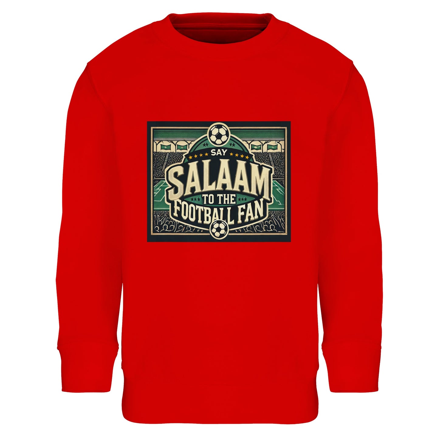 Say Salaam to the Football Fan Design #8 kids sweatshirt – Bright Red / Rosso Corsa pairing bold statement lettering with illustrated footballs, packed stands and pitch details. The vibrant red adds matchday intensity, echoing the noise and colour of sports crowds. Made for ages four to fourteen, ideal for active days, school wear, weekend games or cheering from the sofa. An affordably-priced, confident football jumper that celebrates passion, movement and Salaam.