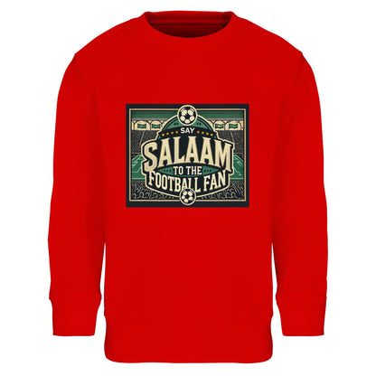 Say Salaam to the Football Fan Design #8 kids sweatshirt – Bright Red / Rosso Corsa pairing bold statement lettering with illustrated footballs, packed stands and pitch details. The vibrant red adds matchday intensity, echoing the noise and colour of sports crowds. Made for ages four to fourteen, ideal for active days, school wear, weekend games or cheering from the sofa. An affordably-priced, confident football jumper that celebrates passion, movement and Salaam.