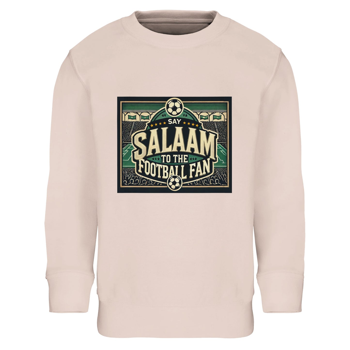 Say Salaam to the Football Fan Design #8 kids sweatshirt – Creamy Pink / Oyster Pink pairing bold football lettering with illustrated stadium crowds, footballs and pitch lines. The soft pink tone offers a gentle contrast to the energetic matchday artwork, great for kids who like colour with comfort. Designed for ages four to fourteen, suitable for school, everyday wear or relaxed football moments. A warm, modern football jumper that celebrates personality and Salaam.