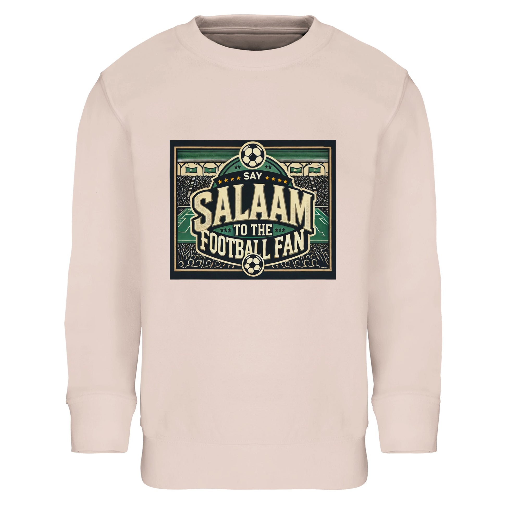 Say Salaam to the Football Fan Design #8 kids sweatshirt – Creamy Pink / Oyster Pink pairing bold football lettering with illustrated stadium crowds, footballs and pitch lines. The soft pink tone offers a gentle contrast to the energetic matchday artwork, great for kids who like colour with comfort. Designed for ages four to fourteen, suitable for school, everyday wear or relaxed football moments. A warm, modern football jumper that celebrates personality and Salaam.