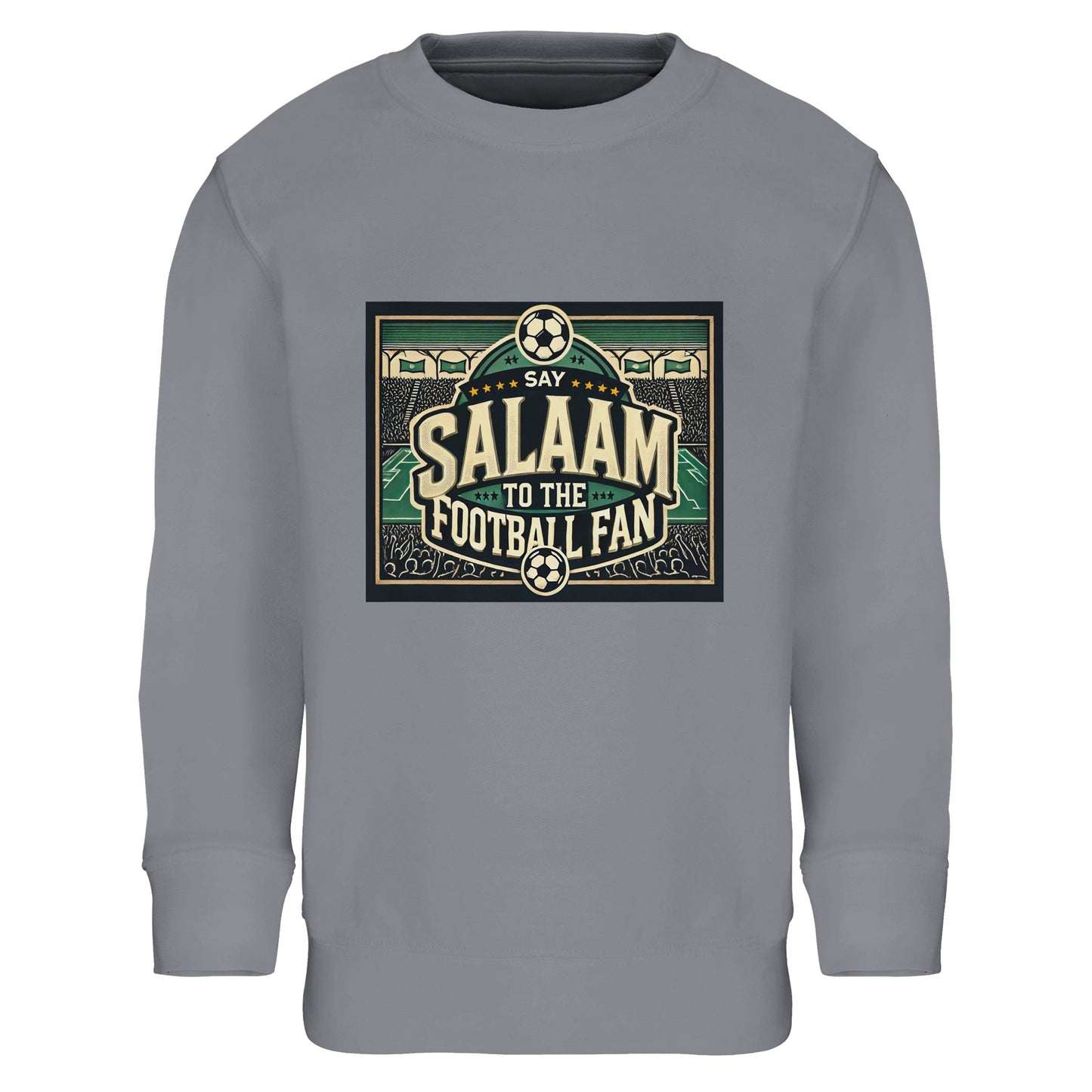 Say Salaam to the Football Fan Design #8 kids sweatshirt – Grey Melange / Heather Grey / Marl Grey / Classic Athletic Grey Blend highlighting bold lettering over illustrated footballs, stadium crowds and pitch markings. The mottled grey gives a casual, easygoing look for everyday football wear. Made for ages four to fourteen, ideal for school days, playground kickabouts, or watching matches at home. A versatile football jumper balancing comfort, identity and Salaam.