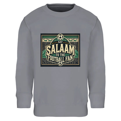 Say Salaam to the Football Fan Design #8 kids sweatshirt – Grey Melange / Heather Grey / Marl Grey / Classic Athletic Grey Blend highlighting bold lettering over illustrated footballs, stadium crowds and pitch markings. The mottled grey gives a casual, easygoing look for everyday football wear. Made for ages four to fourteen, ideal for school days, playground kickabouts, or watching matches at home. A versatile football jumper balancing comfort, identity and Salaam.